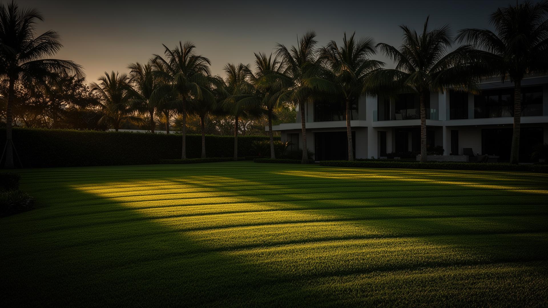 Pristine Florida lawn at golden hour with palm trees